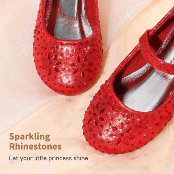 Girl's Mary Jane Buckle Rhinestone Flats - RED - 2